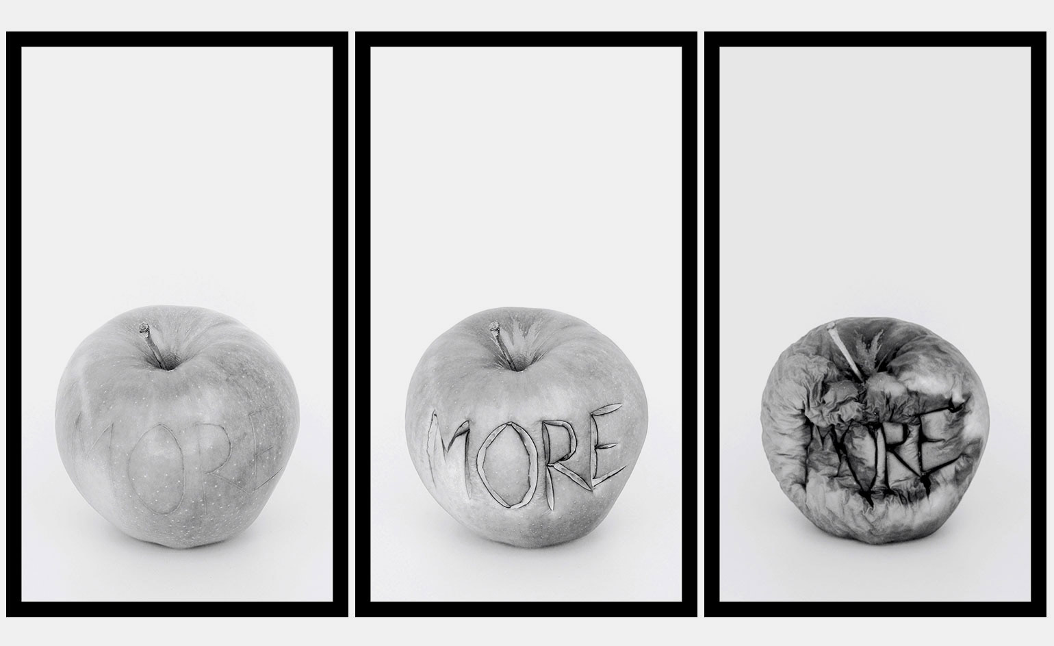 A triptych of stills from Barford’s video work MORE MORE MORE