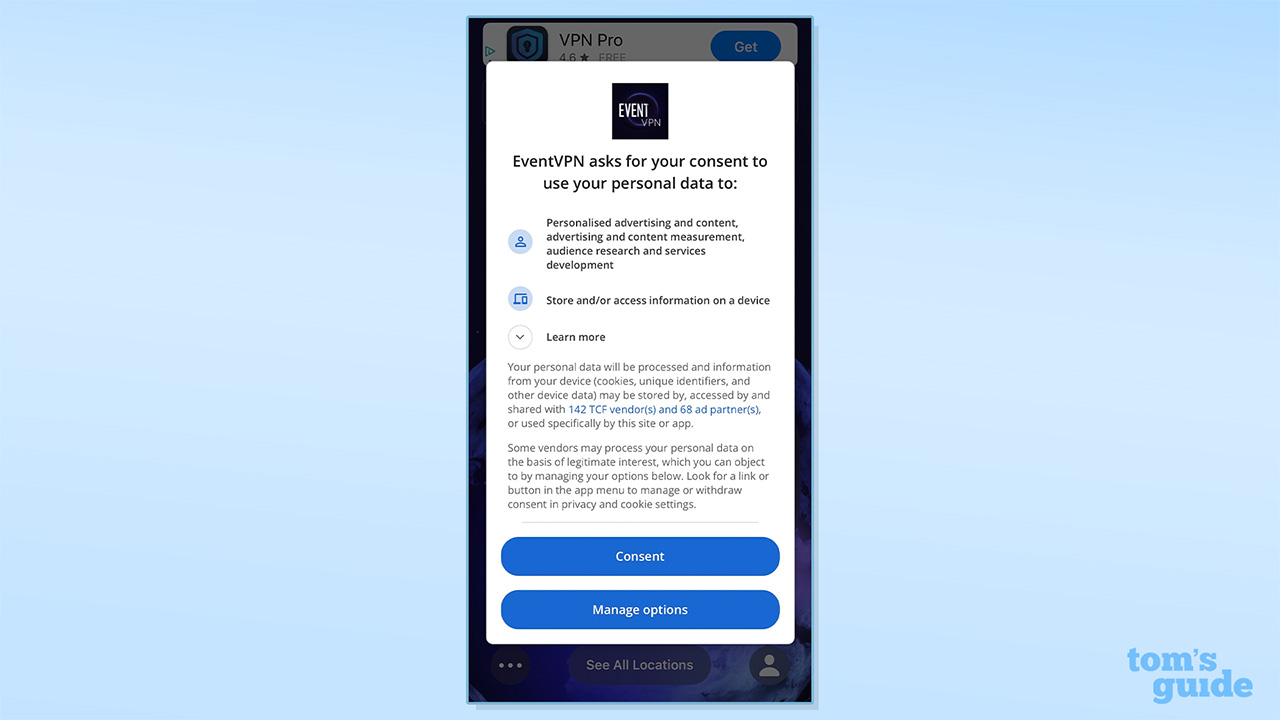 Screenshot of EventVPN ad permissions
