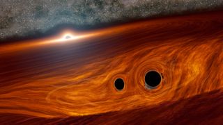 An artist's depiction of two black holes merging within the disk of a supermassive black hole, later releasing a burst of light.