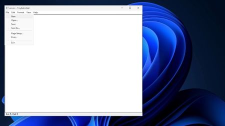 Windows interface showing an open notepad application. A dropdown menu is open and "new" is selected.