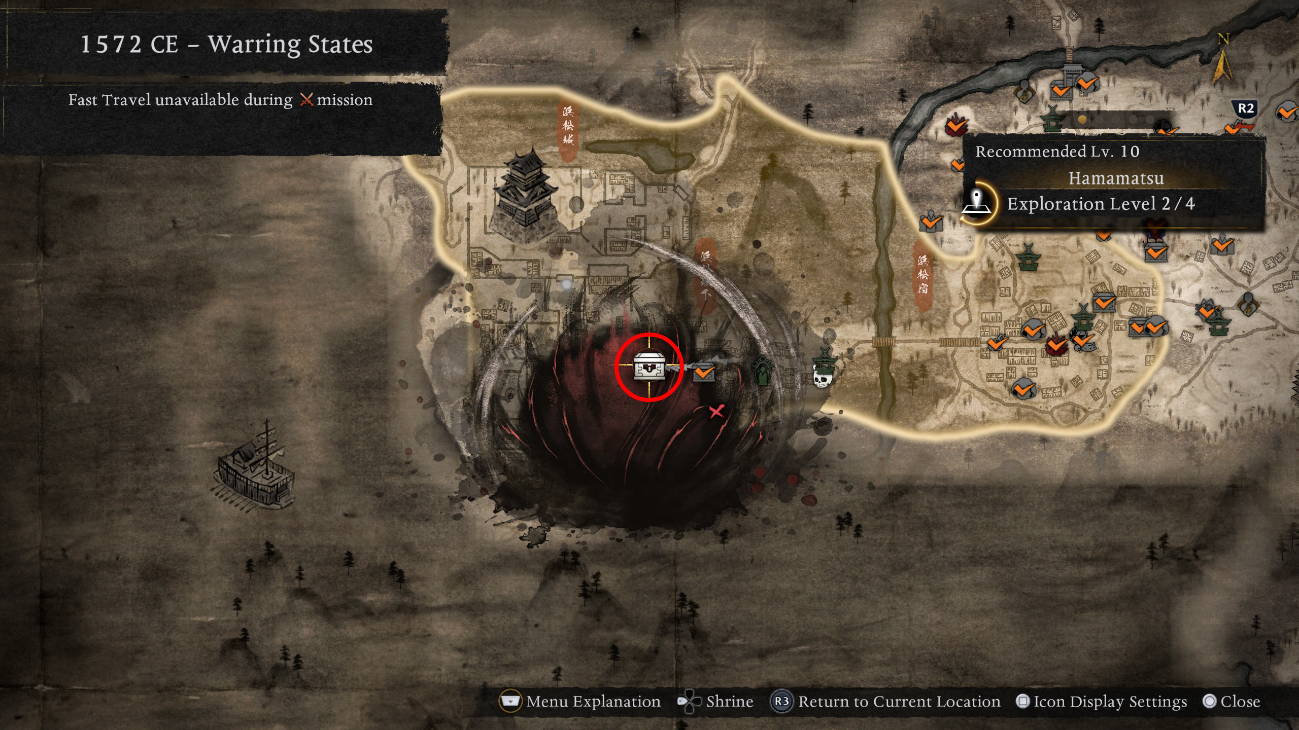 Nioh 3: A map of the Hamamatsu Castle Crucible with a red circle highlighting the location of the chest containing the Running Water skill.
