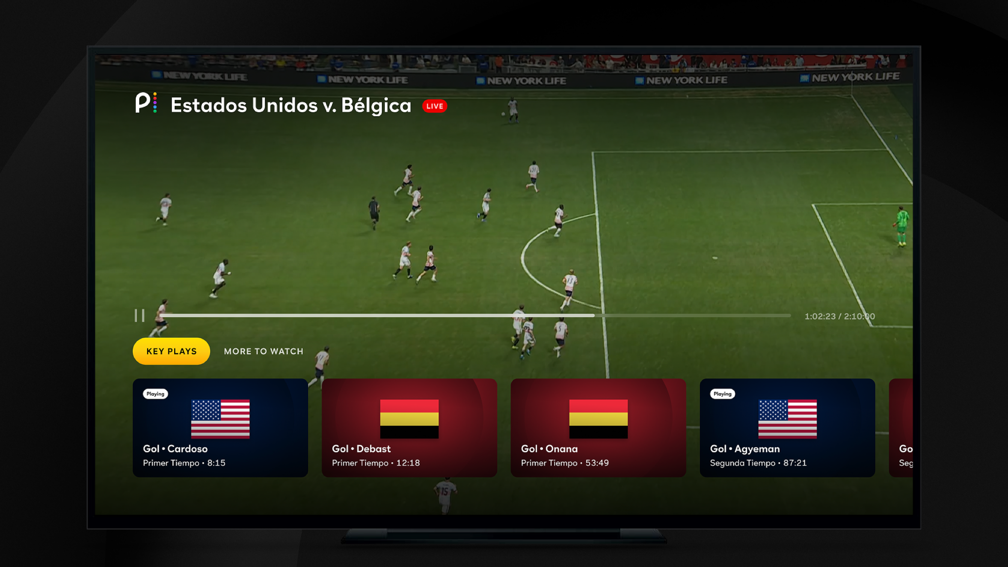 Image showing the Peacock TV app displaying a match via Telemundo's World Cup 2026 coverage. 