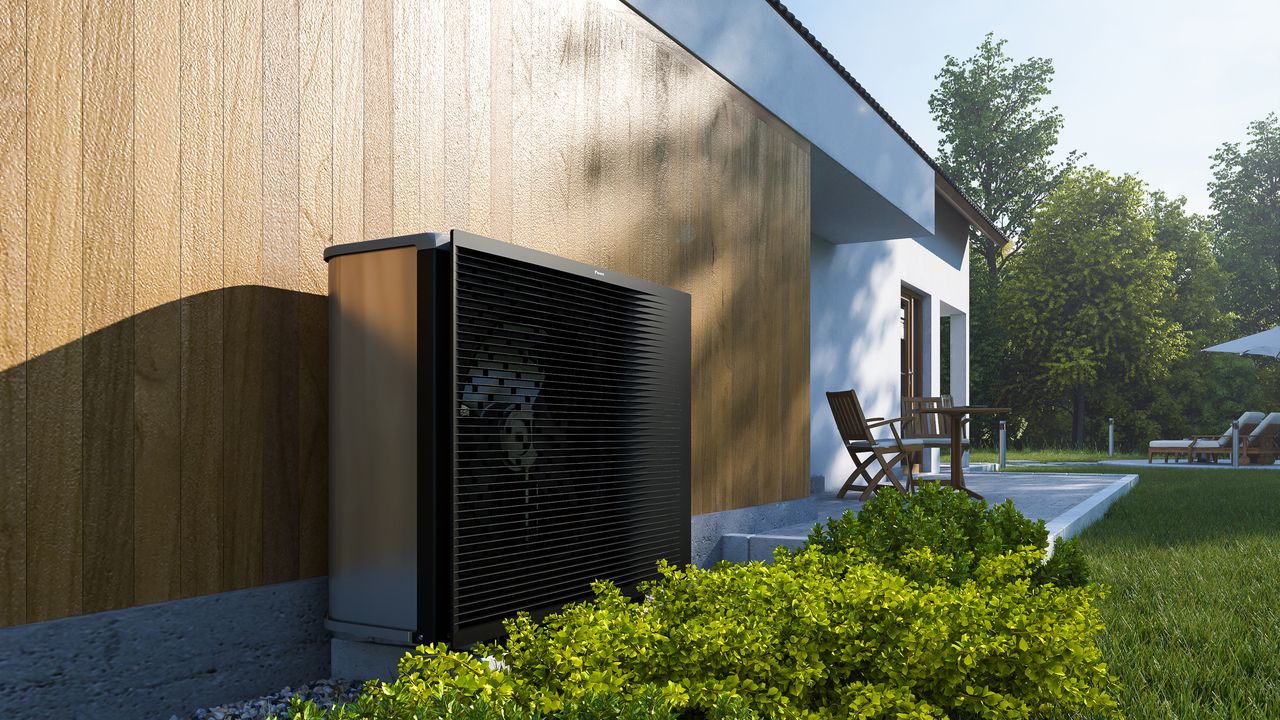 air source heat pump outside contemporary home