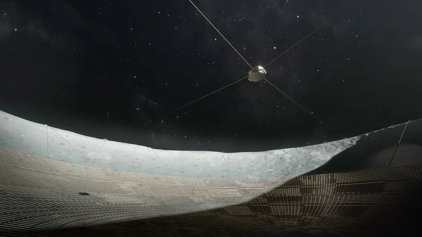 An artist's illustration of the inside of the LCRT showing a mesh dish suspended within a crater