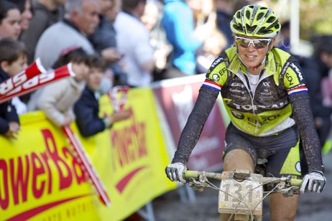 Sally Bigham finishes up despite a crash.