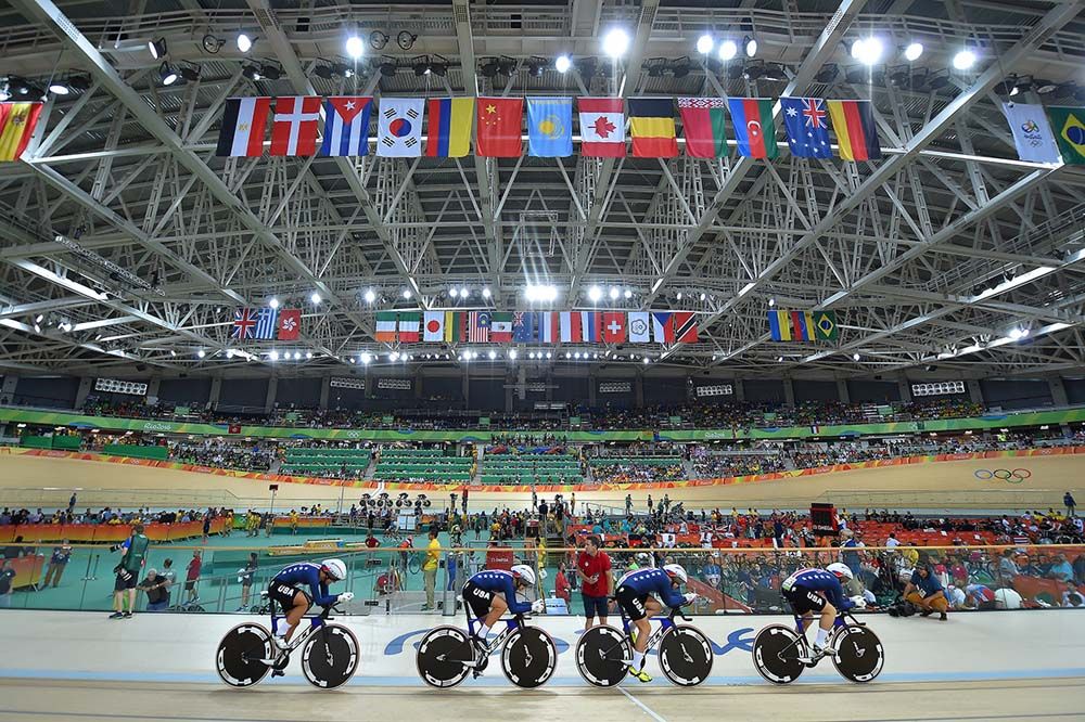 The USA team in action in the women's team pursuit
