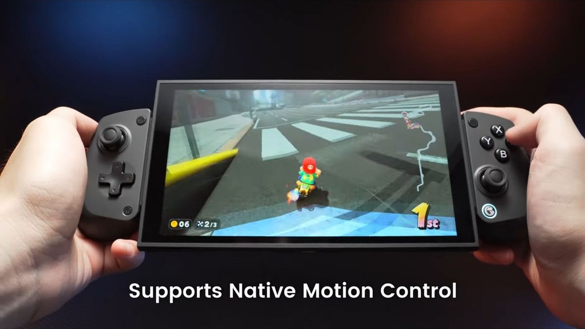 A marketing image of the GameSir X5s with a caption that says "supports native motion control"