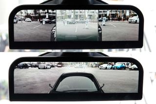 Top: traditional three window view. Bottom: BMW's new stiched composite view.