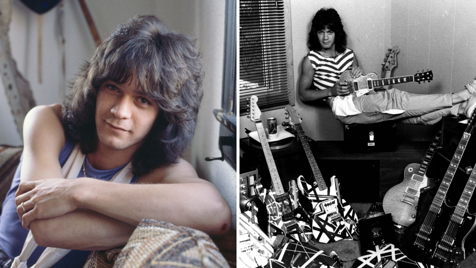 a split screen with edie van halen on the left and his 80s home on the right