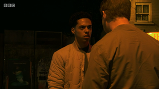 Keegan Baker and a gang member in 'EastEnders'