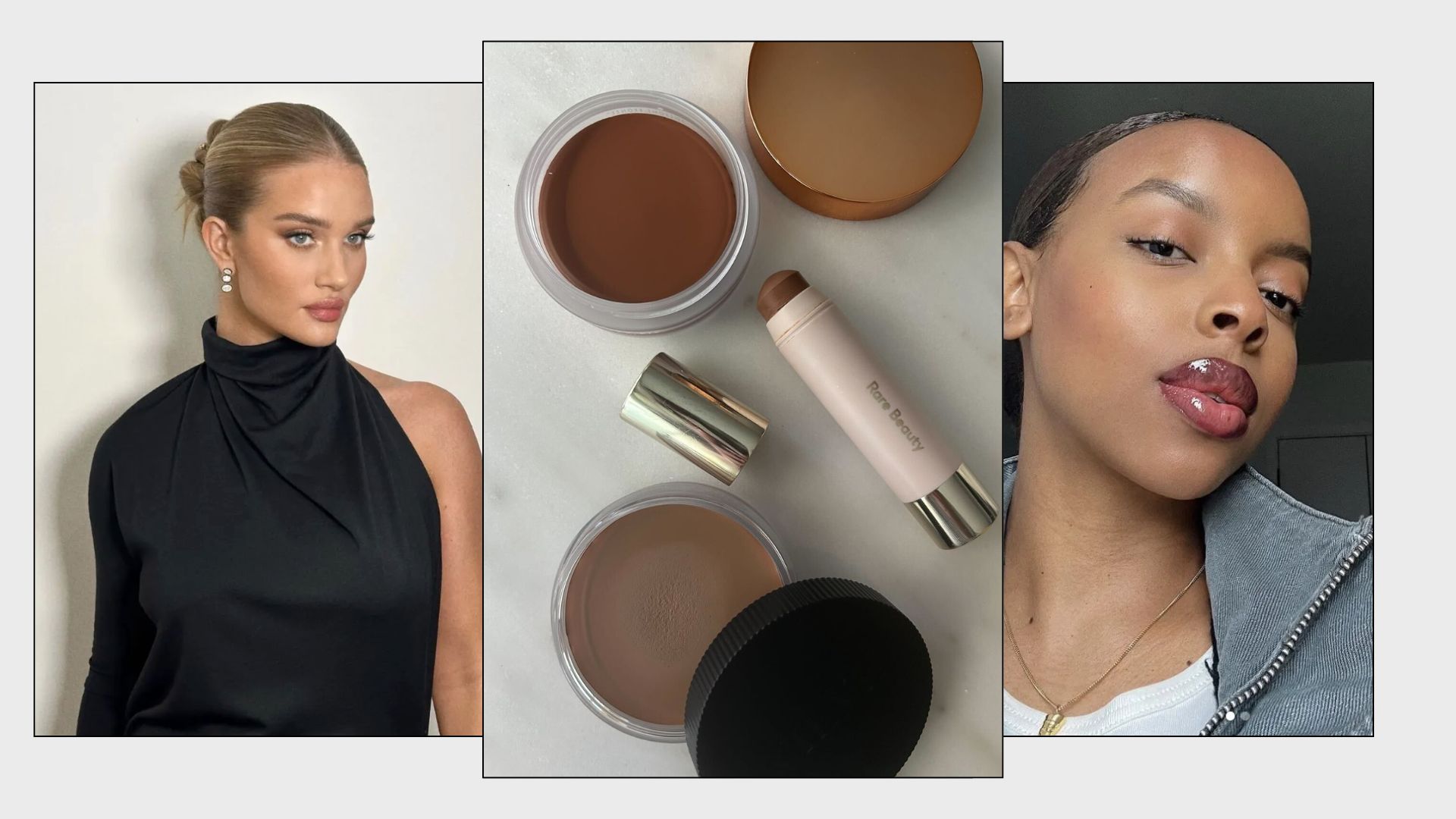 A collage of women with sun-kissed skin and some of the best cream bronzers