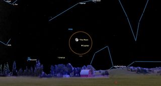 an orange circular outline indicates the close proximity of jupiter and the moon in the sky, near uranus and aries october 1