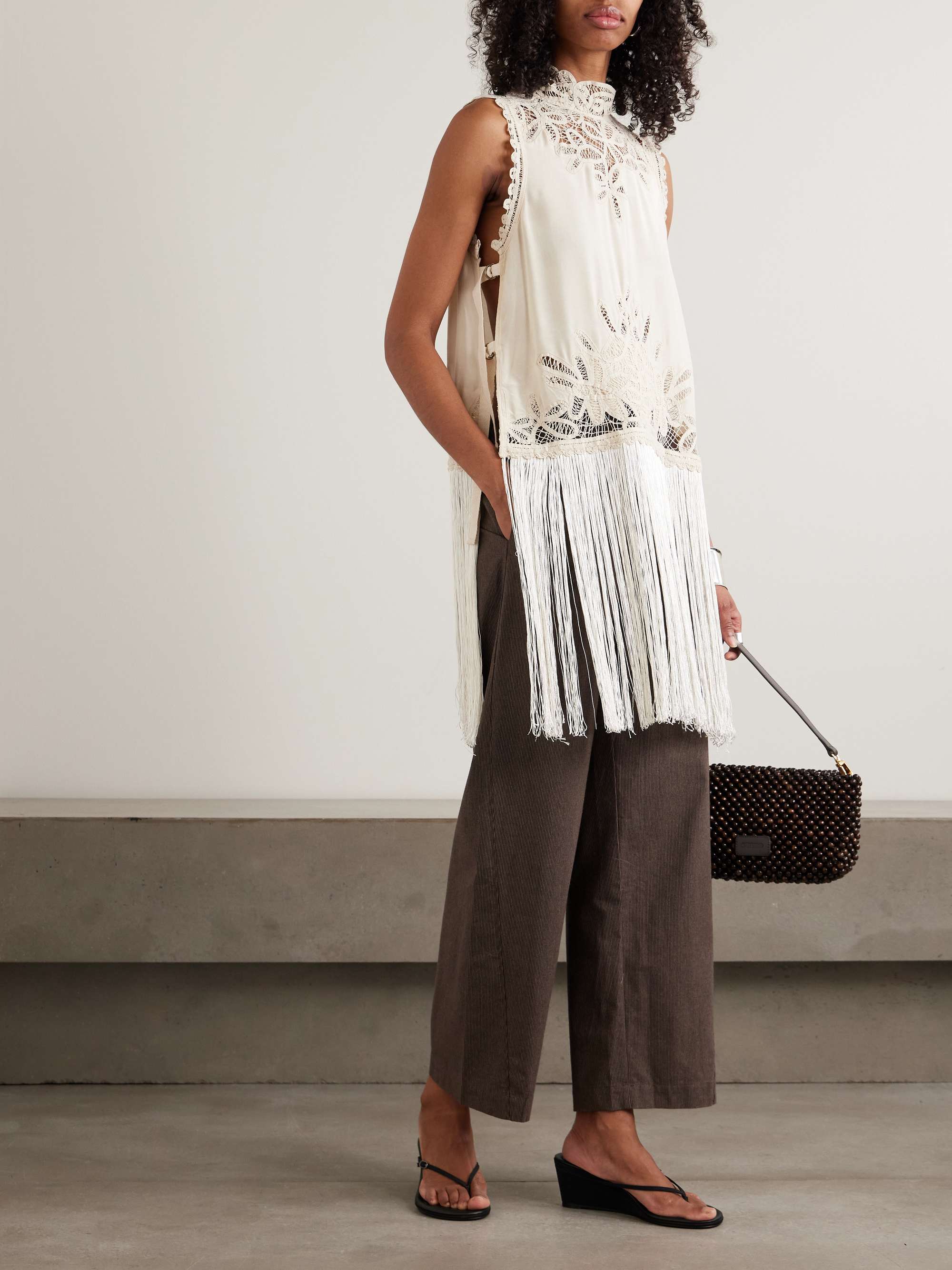 Adelina Tie-Side Fringed Lace-Paneled Woven Top