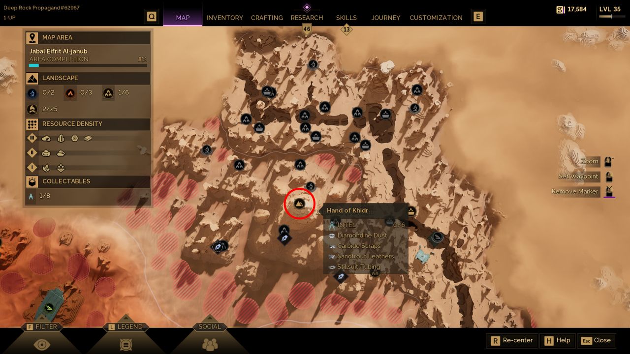Dune: Awakening diamondine dust location - A map with a red circle highlighting the Hand of Khidr landmark.