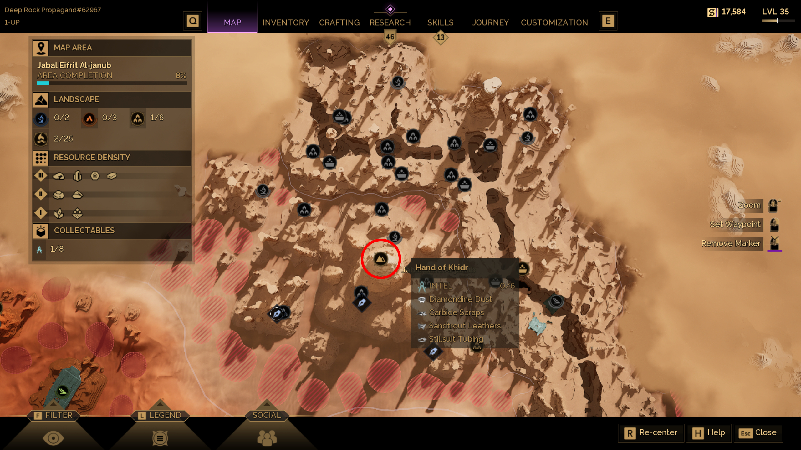 Dune: Awakening diamondine dust location - A map with a red circle highlighting the Hand of Khidr landmark.