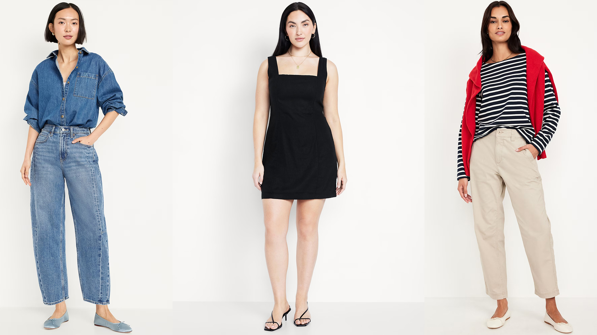 models wear double denim look, black mini dress look, chinos with striped top and red sweater over shoulders look