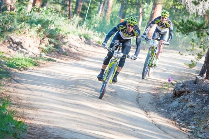 Alban Lakata (Topeak) finds his line before a stream crossing. Both Topeak riders opted to cross using the wooden bridge.