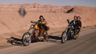Two bikers ride the open highway in Easy Rider