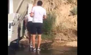 Two Katusha-Alpecin staffers are caught on video dumping the team camper's septic in a parking lot on the way to Big Bear.