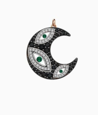 Black crescent charm with diamond and emeralds