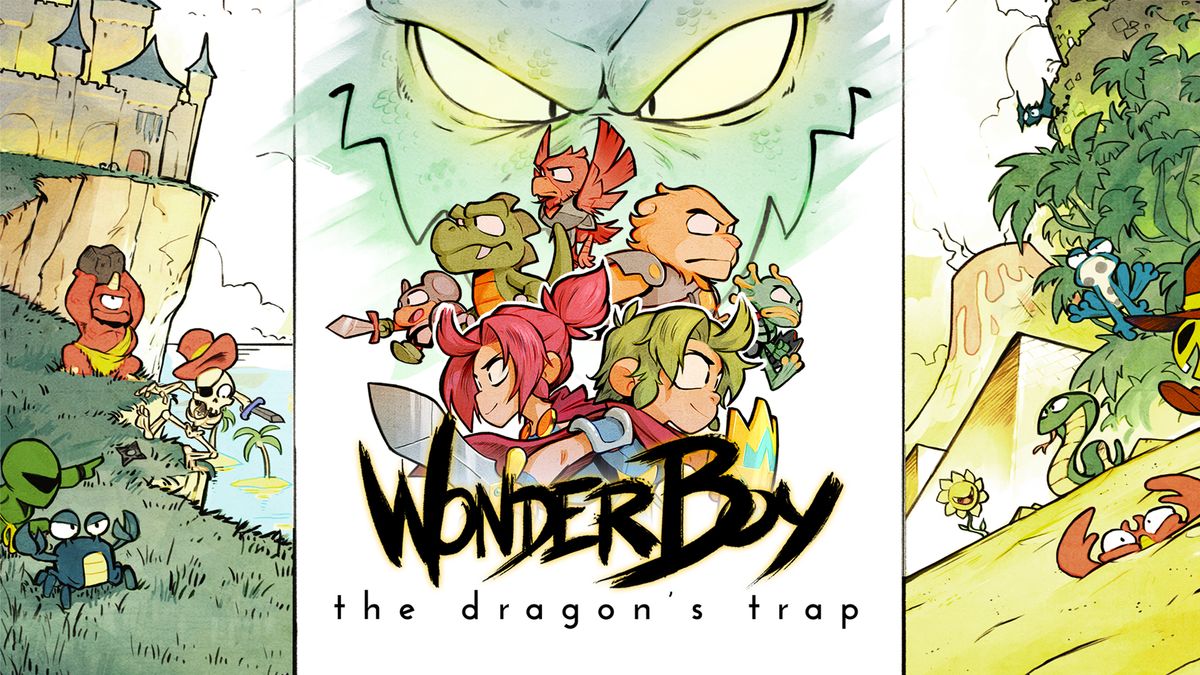 Poster for Wonder Boy: The Dragon&#039;s Trap showing a band of heroes and a dragon&#039;s head looming in the distance