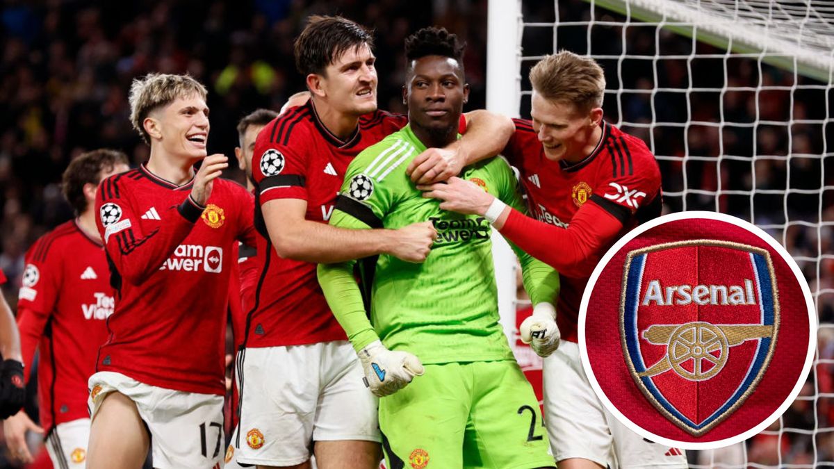 The Arsenal club crest on the first team home shirt displayed on May 6, 2020 in Manchester, England (Photo by Visionhaus) Manchester United pair Andre Onana and Harry Maguire