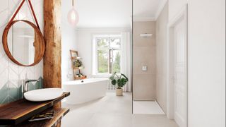 large bathroom with beams and freestanding bath and walk in shower enclosure