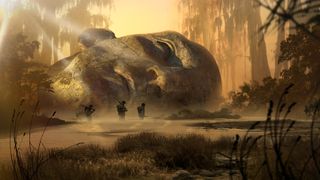 Nightingale art director interview; a large stone head in a swamp
