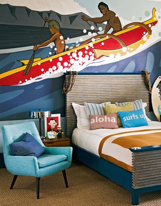 Teenage boy's bedroom idea with surf inspired mural