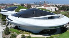 A general view shows the exterior of the Lucas Museum of Narrative Art on August 30, 2026 in Los Angeles, California.
