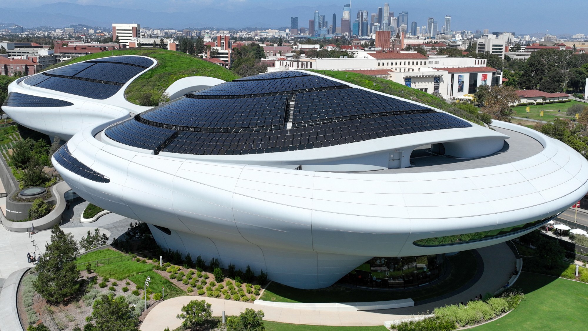 A general view shows the exterior of the Lucas Museum of Narrative Art on August 30, 2026 in Los Angeles, California. 