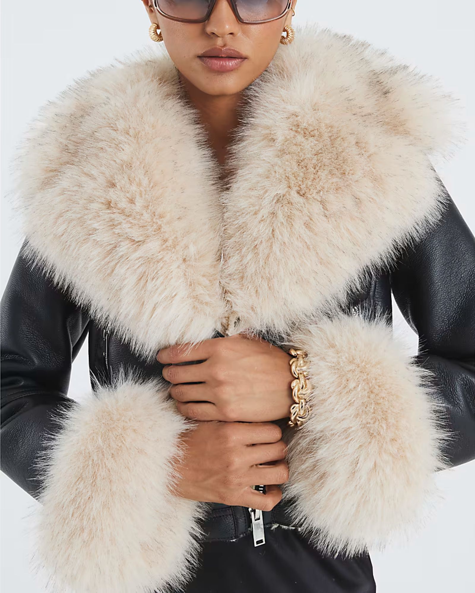 River Island Black Faux Fur Faux Leather Biker Jacket