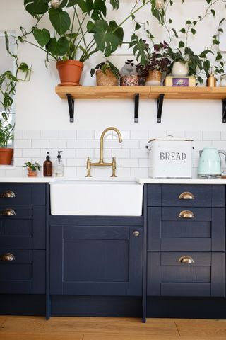 Close up of blue Shaker kitchen with white butler sink, brass tap, and wood shelves overhead filled with plants