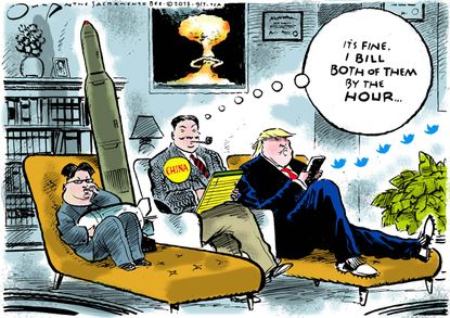 Political cartoon U.S. Trump North Korea China missile tests