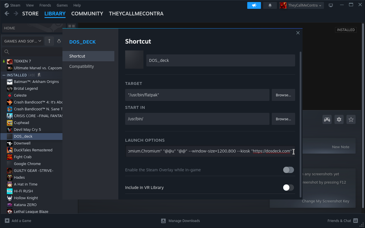 The last screenshot from Desktop Mode used for setting up DOS_deck for proper usage within Steam Deck's Gaming Mode.