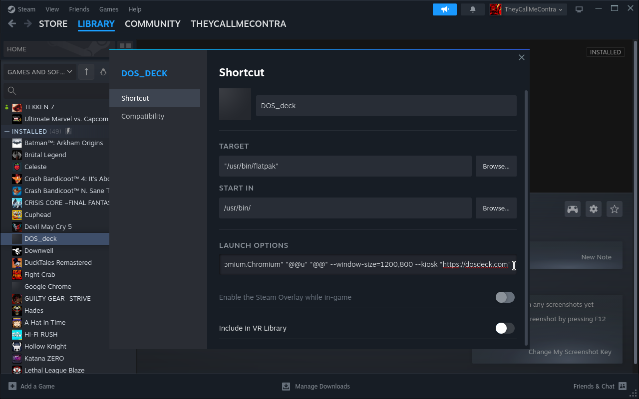 The last screenshot from Desktop Mode used for setting up DOS_deck for proper usage within Steam Deck's Gaming Mode.
