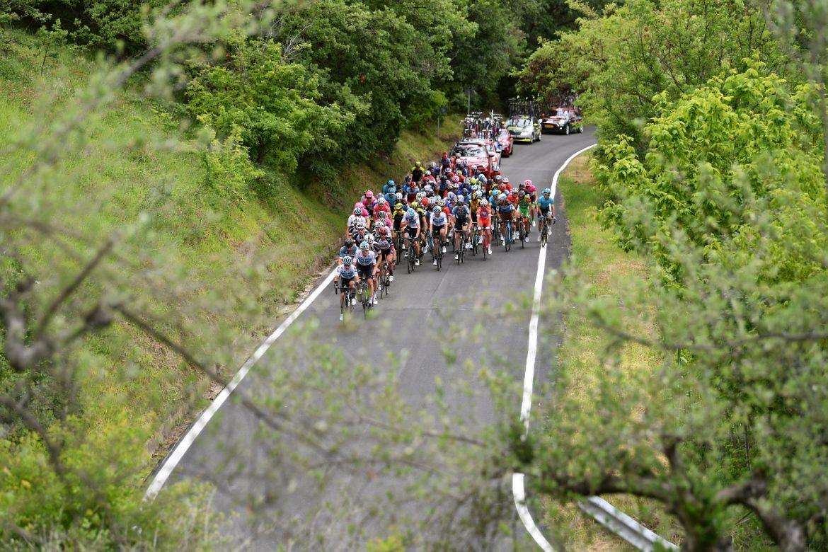 The peloton tackle the first climb