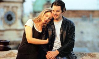 julie delpy lays her head on ethan hawke's shoulder in before sunrise