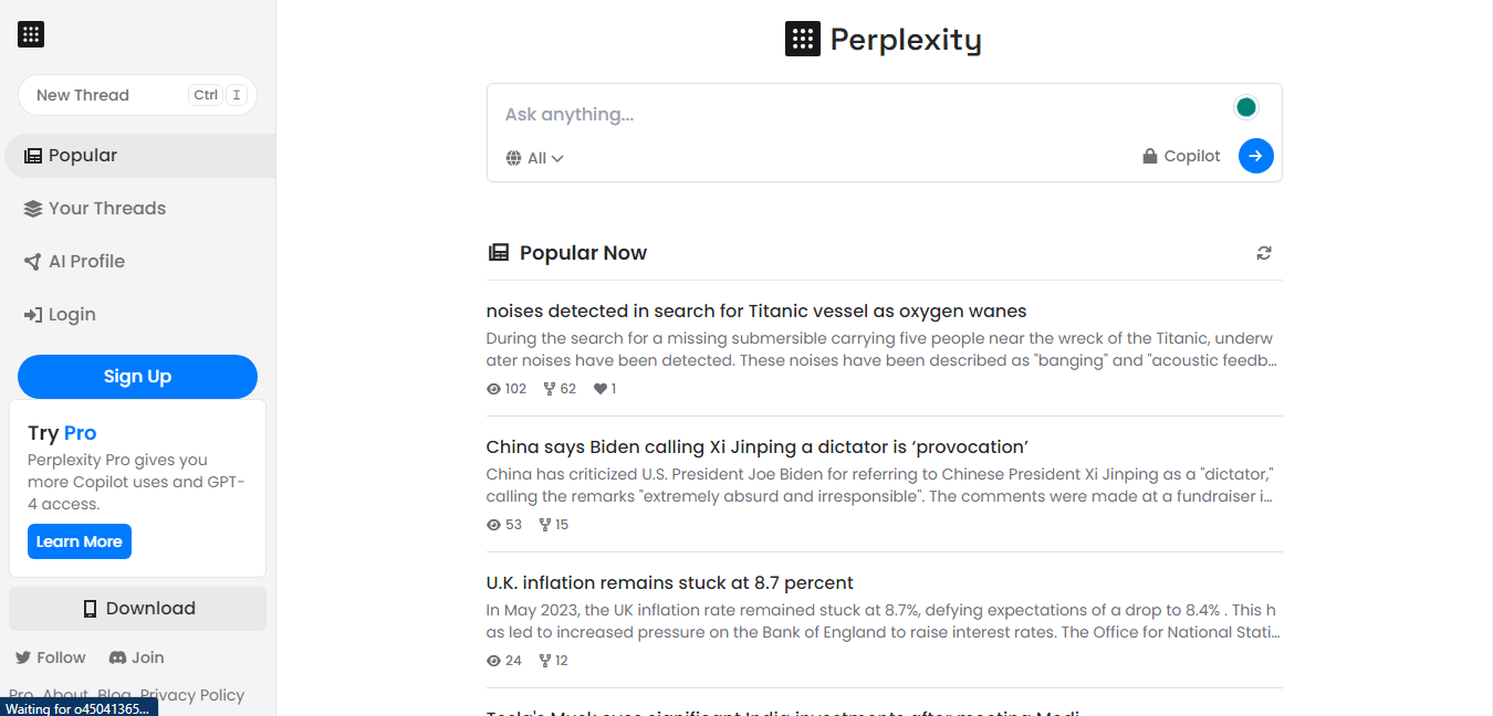 Website screenshot for Perplexity