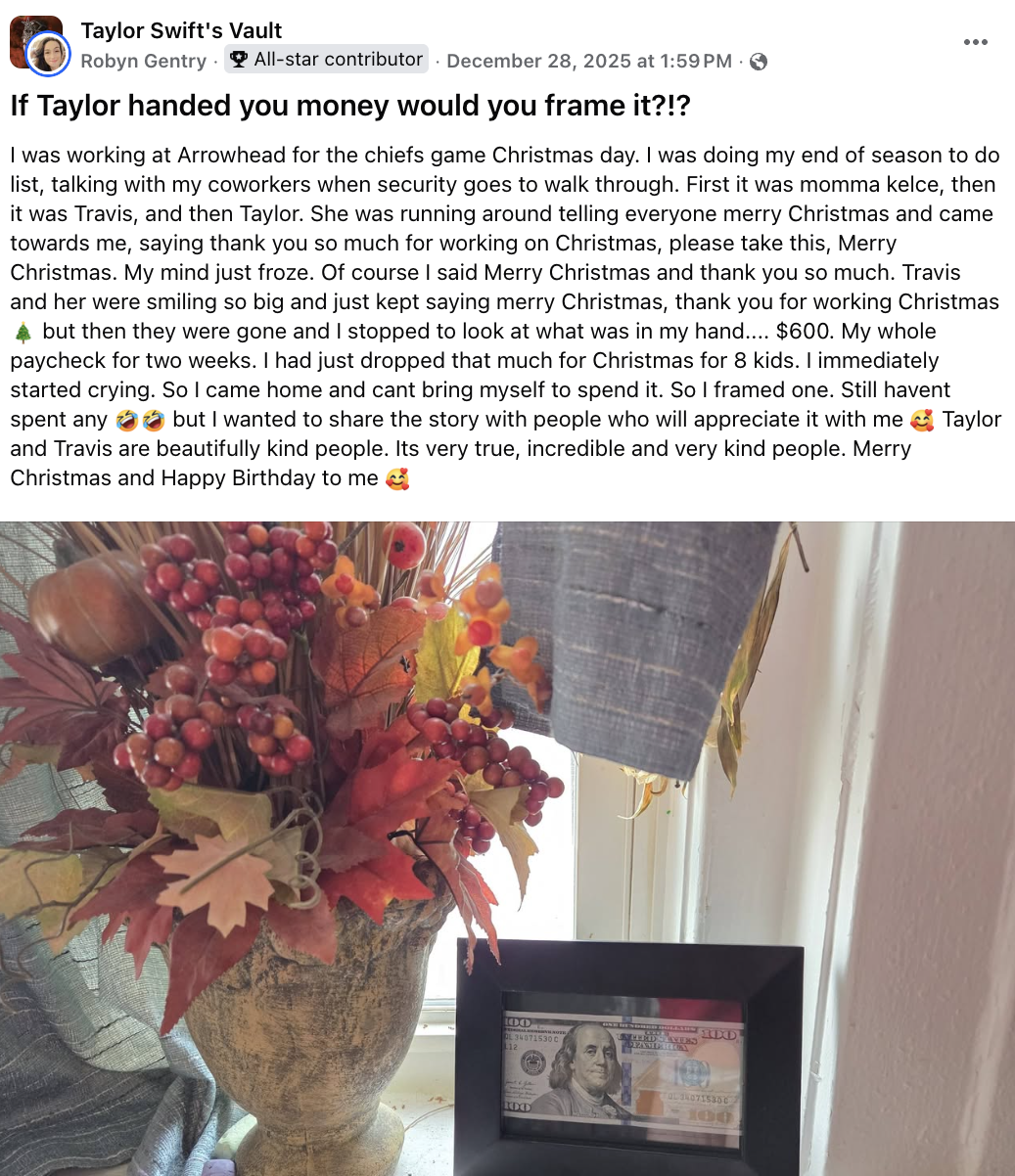 Arrowhead Stadium employee's Facebook post about framing part of the $600 tip she received from Taylor Swift went viral
