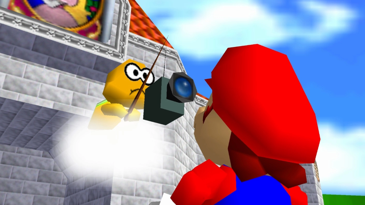 A cameraman, floating in a cloud, looks rather unhappy at Mario in Super Mario 64.