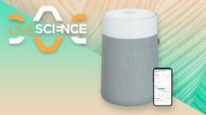 Blueair air purifier on a green leafy background with livescience logo in the top left corner