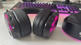Roccat Syn Max Air gaming headset close up to show ports and honeycomb RGB design
