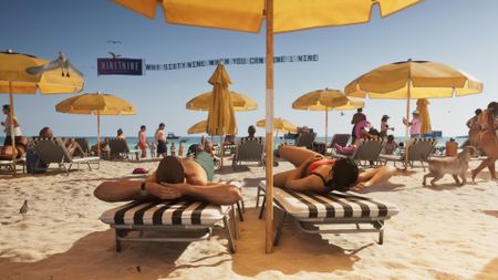 Lucia and Jason lying on sunloungers on the beach in GTA 6