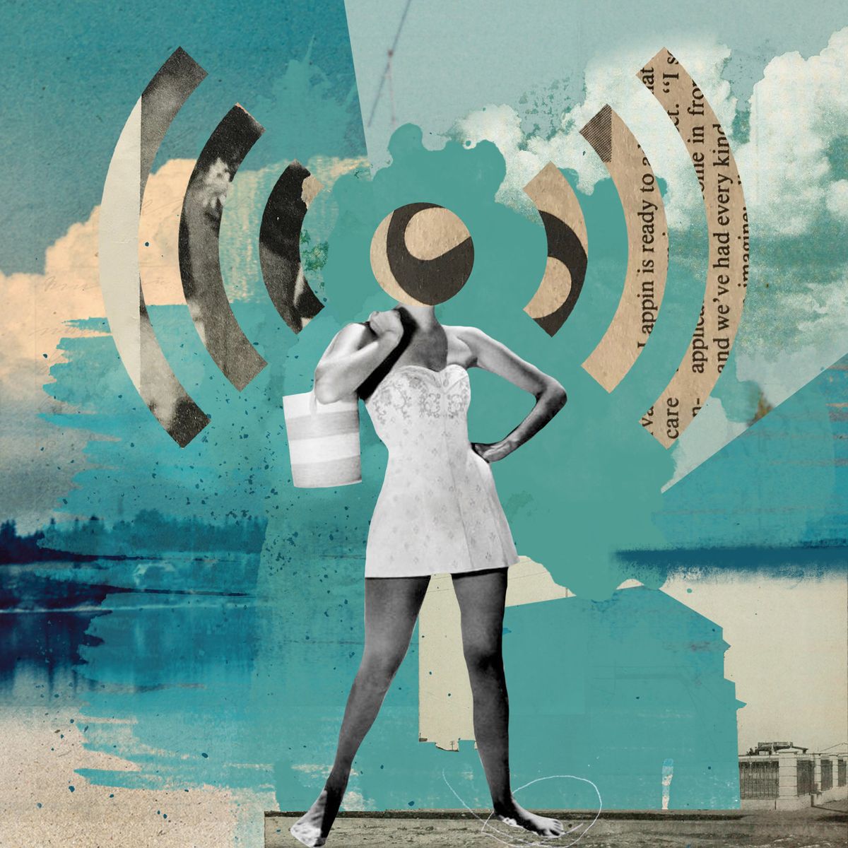 Collage art of a woman in a dress with a wi-fi symbol instead of her head