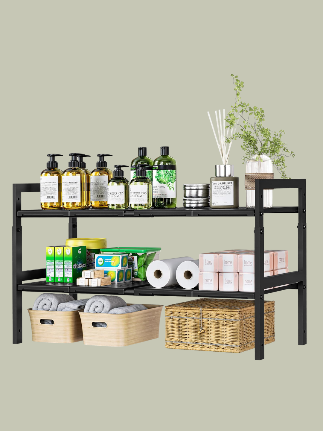 A black expandable storage rack from Amazon
