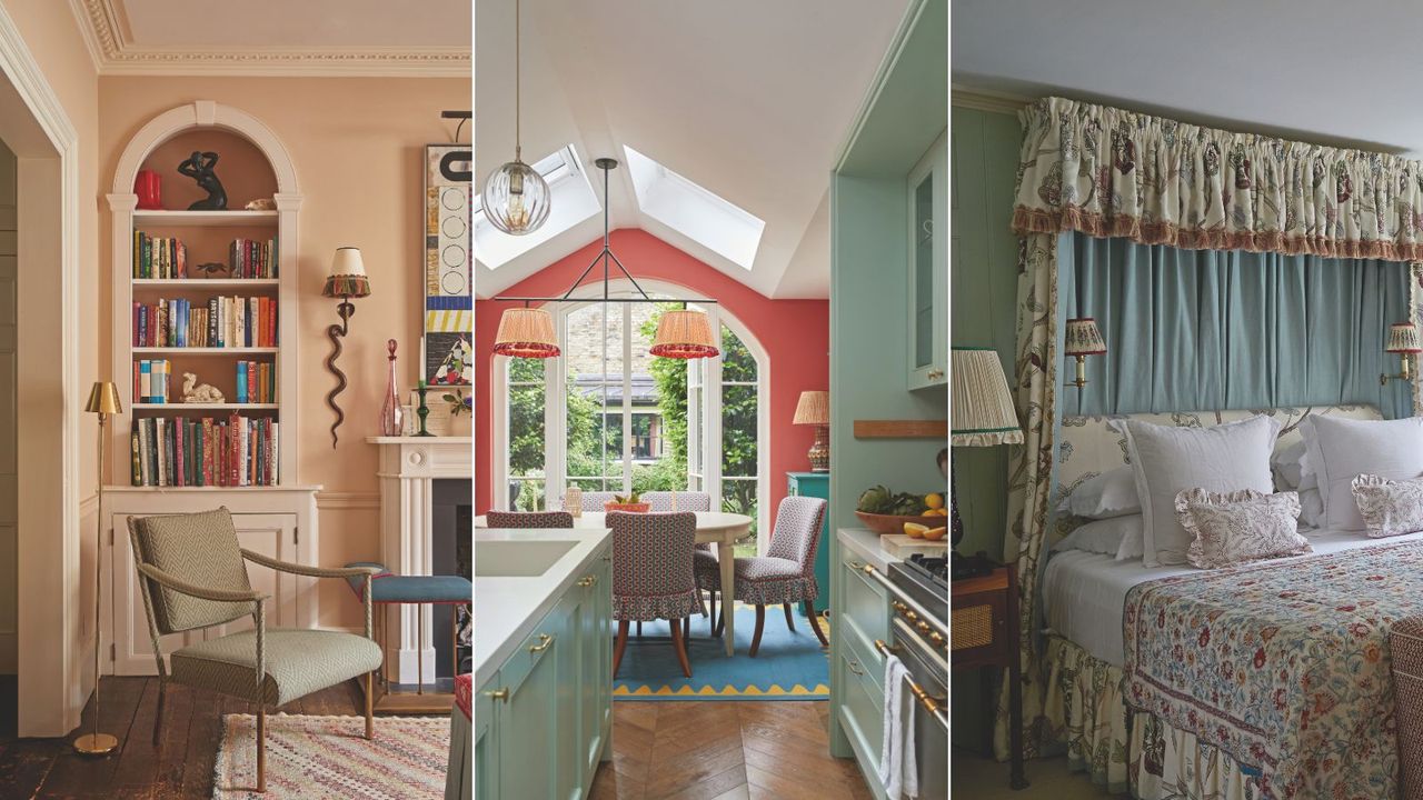 three images of colourful patterned interior