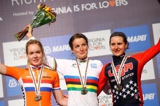 Elizabeth Armitstead (Great Britain) on the podium with Anna Van Der Breggen (Netherlands) and Megan Guarnier (United States Of America)