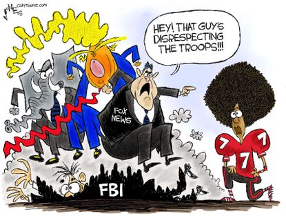 Political cartoon U.S. Trump Fox News Mueller FBI investigation Colin Kaepernick take a knee