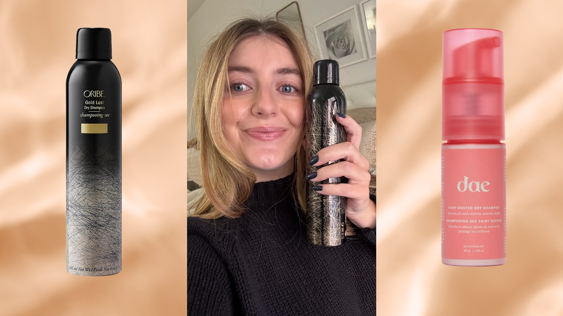 samantha holender holding up oribe dry shampoo on a cream background next to other dry shampoo products